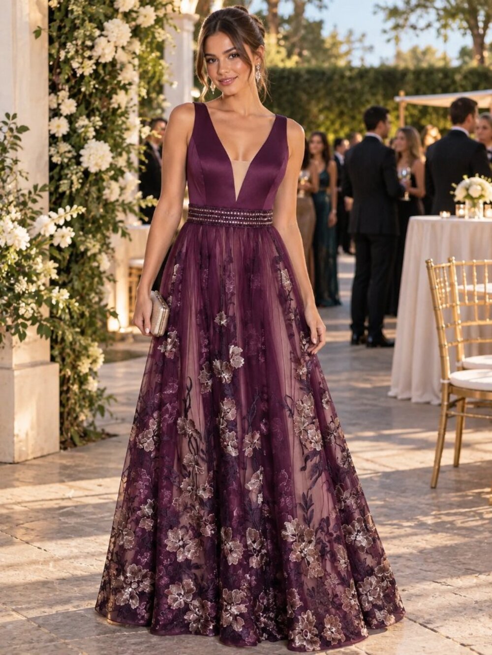 Basix Black Label Plum Floral Embroidered Evening Gown Size 8 Gala Glamour